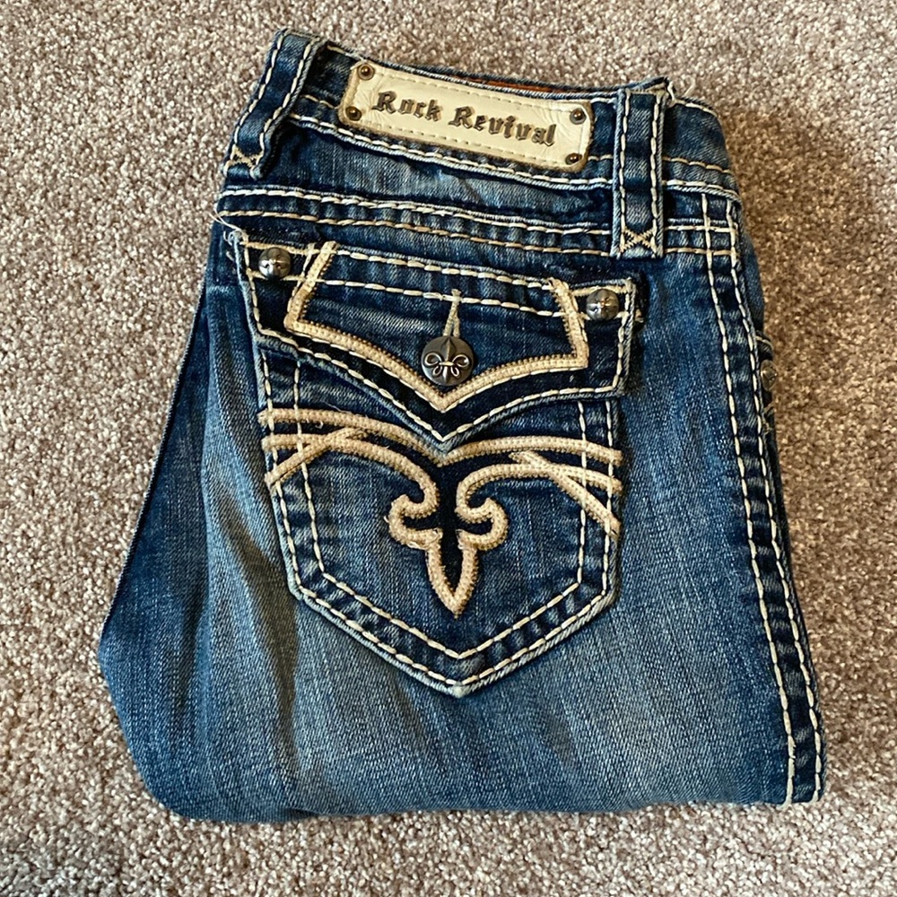 Rock Revival Blue and Tan Skinny Jeans